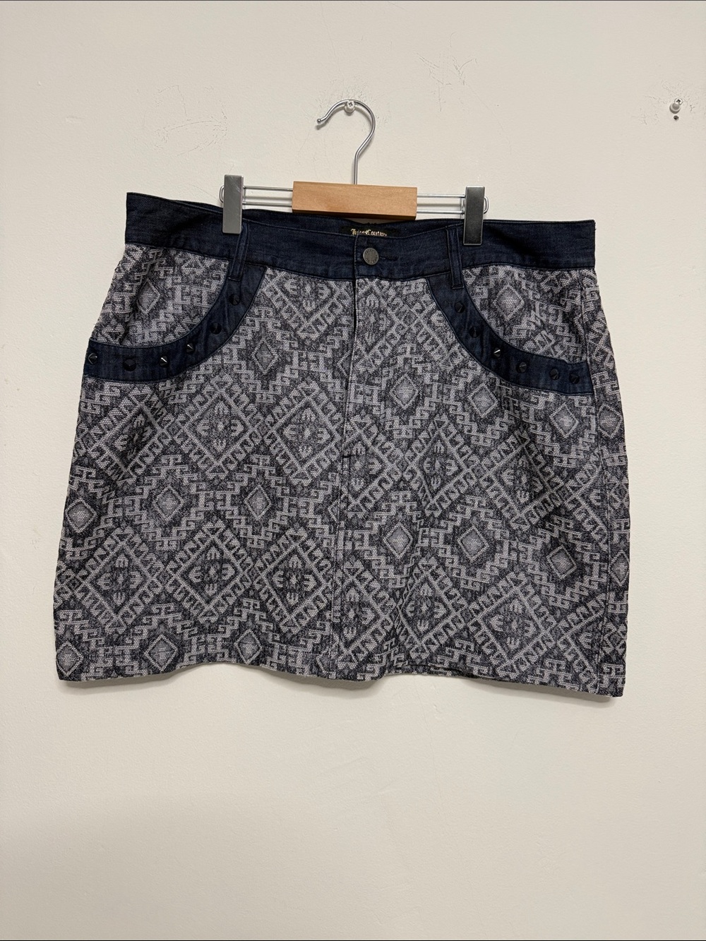 Textured Navy Patterned Mini Skirt with Denim trim and studs -Boho/Western